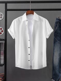 White Casual Collar Short Sleeve Satin Plain Shirt Embellished Non-Stretch Summer Men Clothing Chubby Boy, Kids Activewear, White Shirt Men, Striped Short Sleeve Shirt, Mens Casual Dress Outfits, Men Shirts, Men Fashion Casual, Dinner Outfits