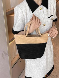 Bird in Bag - Portable Womens New Braided Colorblock Basket Bag Basket Bag, Bird In Bag, Black Bag, Straw Bag, Color Blocking, Straw, Braids, Composition, Size Medium