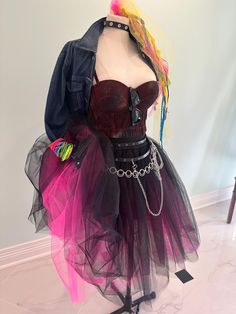 Custom Cindy lauper 80's icon costume. Fluffy tulle skirt, painted bustier, belt, gloves and hai accessories. Can be made in and color or style you choose. Hair Band Costume 80's, Edgy Overbust Corset For Costume Party, Punk Costume Accessories For Costume Party, Fitted Corset For Party And Cosplay Events, Punk Corset For Costume Party And Cosplay Events, Punk Corset For Halloween Costume Party, Punk Party Corset, Edgy Halloween Corset For Costume Party, Edgy Halloween Costume Party Corset