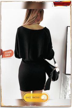 Solid Long Sleeves Bodycon Above Knee Little Black/elegant Dresses Black V-neck Solid Color Bodycon Dress, Chic Black Batwing Sleeve Dress, Chic Black Dress With Batwing Sleeves, Casual Black Dress With Batwing Sleeves, Casual Black Batwing Sleeve Dress, Black Batwing Sleeve Evening Dress, Party Batwing Sleeve Fall Dresses, Fall Party Dress With Batwing Sleeves, Black Dress For Going Out