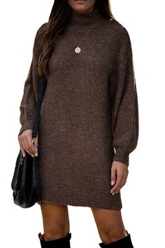 Brown Mock Neck Lantern Sleeves Sweater Dress Solid Crew Neck Winter Dresses, Long Sleeve Solid Sweater Dress For Fall, Long Sleeve Sweater Dress In Solid Color For Fall, Oversized Solid Sweater Dress For Fall, Fall Daywear Crew Neck Sweater, Fall Crew Neck Sweater For Daywear, Casual Solid Sweater Dress For Fall, Casual Knee-length Fall Sweater, Oversized Solid Color Dresses For Fall