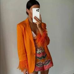 Never Worn Brand New Chic Orange Blazer For Spring, Fitted Orange Outerwear For Summer, Zara Summer Party Outerwear, Elegant Orange Spring Outerwear, Zara Summer Formal Blazer, Orange Formal Outerwear For Spring, Formal Orange Outerwear For Spring, Spring Formal Orange Outerwear, Casual Summer Party Blazer