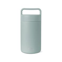 thermos insulated water bottle with handle is light blue and has a flat lid