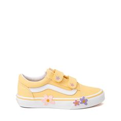 Vans Old Skool V Skate Shoe - Little Kid - Yellow / Floral | Journeys Playful Sneakers For Spring Streetwear, Playful Sneakers For Streetwear In Spring, Playful Spring Streetwear Sneakers, Vans Sneakers With Rubber Sole For Spring, Spring Skateboarding Sneakers, Vans Low-top Skate Shoes For Spring, Vans Low-top Skate Shoes, Sporty Vans Skate Shoes For Spring, Low-top Sneakers For School In Spring