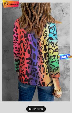 Colorful Leopard Gradient Loose Blouse Casual Multicolor Tops With Random Print, Multicolor Random Print Summer Tops, Casual Multicolor Printed Blouse, Multicolor Printed Casual Top, Casual Multicolor Blouse With Graphic Print, Colorful Casual Fall Blouse, Multicolor Crew Neck Blouse For Fall, Casual Colorful Fall Blouse, Multicolor Tops With All Over Print For Spring