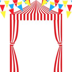 a circus tent with red and white striped curtains, blue and yellow pinwheels