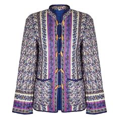 A very desirable and original 1960s Indian handprinted and painted, padded jacket. We love everything about these Indian print paisley jackets which epitomised the boho hippy chic vibe of the era. It is made from an extremely soft and tactile fine Indian gauze cotton that has been hand printed in wonderful colours of navy, turquoise and purple. The jacket is also hand embellished in gold paints and is edged in navy satin ribbon. There are two front pockets and the jacket fastens with a double ro Bohemian Printed Winter Outerwear, Multicolor Bohemian Outerwear With Paisley Print, Bohemian Multicolor Paisley Print Outerwear, Bohemian Spring Outerwear With Paisley Print, Bohemian Outerwear With Paisley Print For Spring, Bohemian Fall Outerwear With Paisley Print, Fall Bohemian Outerwear With Paisley Print, Fall Bohemian Paisley Print Outerwear, Multicolor Long Sleeve Outerwear With Paisley Print