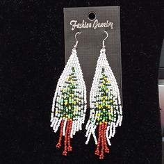 Hand Beaded Bohemian Dangle Earrings Featuring Christmas Tree Approximately 4.5” Long Brand New Bohemian White Jewelry For Holiday, Holiday White Beaded Jewelry, White Beaded Christmas Jewelry, Holiday Dangle Beaded Earrings, Festive White Earrings With Colorful Beads, Holiday Beaded Dangle Earrings, Festive White Beaded Earrings With Dangling Beads, Festive White Dangling Beaded Earrings, Festive White Beaded Earrings