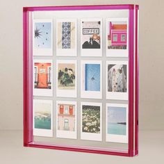 a pink frame with many pictures on it