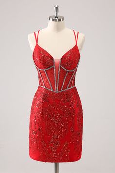 Glitter Dark Green Corset Spaghetti Straps Short Tight Homecoming Dresses Glamorous Red Evening Dress With Spaghetti Straps, Homecoming Evening Dress With Spaghetti Straps For Party Season, Homecoming Spaghetti Strap Evening Dress For Party Season, Black Spaghetti Straps Evening Dress For Homecoming, Spaghetti Straps Evening Dress For Homecoming Party, Red Fitted Glitter Dress, Fitted Red Glitter Dress, Red Dress With Spaghetti Straps And Corset Back, Red Spaghetti Strap Dress For Prom