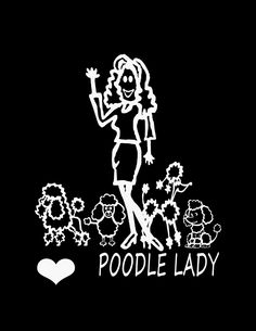 a black and white drawing of a woman with poodle lady on it's back