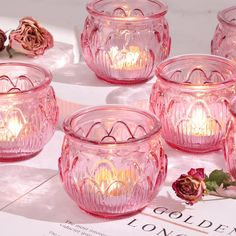 pink glass tea light holders with rose petals