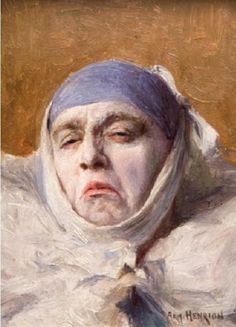 a painting of an old woman wearing a blue head scarf and white fur coat with her eyes closed