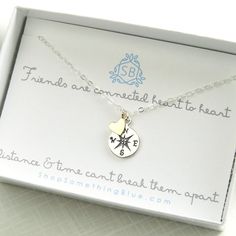 "⚡️ FREE SHIPPING ⚡️ on Domestic orders over $35 🇺🇸 Our Compass Charm necklace is a best seller! Choose all silver, all Bronze & gold fill or a combination. Makes a great Best friend gift!  Sentiment Card reads: \"Friends are connected heart to heart, distance & time can't break them apart.\" * T H E * D E T A I L S * * All components are Sterling silver & Bronze, or Gold fill & Bronze * Compass charm measures 10mm * Quality chain finished with a Lobster style clasp & our signature blue bead* Nickel-free Silver Necklace For Best Friend Gift, Nickel-free Silver Necklace For Best Friend, Silver Nickel-free Necklace For Best Friend, Silver Hand Stamped Necklace For Best Friend, Inspirational Silver Jewelry For Best Friend Gift, Silver Nickel-free Charm Necklace For Friendship, Inspirational Silver Necklace Gift Idea, Inspirational Silver Necklace Gift, Silver Heart Charm Jewelry For Best Friend