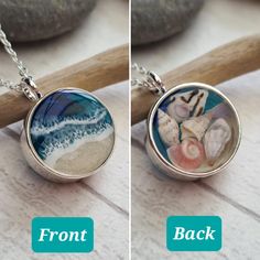 Ocean waves with real sand, shells, and starfish beach jewellery necklaces. The Ultimate Summer Pendant! A collection of tiny seashells, sand, and ocean waves all in one little pendant. A beautiful gift for any beach lover or an addition to any outfit. Ocean waves have been created using resin and blue shades of ink with a white lacing effect with added real sand on one side. On the reverse, a selection of tiny sea shells have been delicately placed and set in clear resin.  The pendant frames ar Tiny Seashells, Summer Pendant, Beach Jewellery, Seashell Pendants, Using Resin, Beach Lover Gifts, Beach Necklace, Beach Necklaces, Jewellery Necklaces