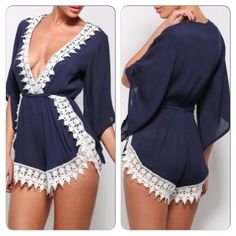 Sexy Navy Blue Crochet Lace Trim Plunging Romper Boho style deep V neckline mid length bell sleeve with floral lace trim. Pants Jumpsuits & Rompers Summer Beach Jumpsuits And Rompers With Lace Trim, Blue Lace Trim Beach Bottoms, Blue Lace Trim Bottoms For Beach, Navy Blue Crochet, Blue Crochet, Crochet Lace Trim, Bell Sleeve, Crochet Lace, Deep V