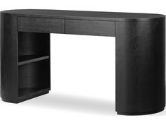 a black desk with an open shelf underneath it