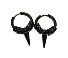 A PAIR of handmade Goth Punk aesthetic black steel Huggie Hoops dangle Earrings with spike. Great gift for her or gift for him, goth jewelry, punk earrings, grunge jewelry, emo jewelry, occult jewelry, pagan jewelry.   Dark fashion punk statement, goth fashion, or Shield Maiden... goes with everything!. PLEASE NOTE FOR RETURNS! If I accept returns on your purchase (check when ordering, some items are "no returns") your will receive a refund once I receive the item back, and your refund is MINUS  the original shipping fees, as I have already paid to ship it. So make sure to measure yourself and read the sizing well so you understand your preferred size. Alternative Style Black Metal Jewelry, Punk Handmade Jewelry For Alternative Fashion, Handmade Punk Jewelry For Alternative Fashion, Punk Jewelry With Spikes, Punk Jewelry With Spikes For Alternative Fashion, Gothic Jewelry With Spikes For Alternative Fashion, Black Gothic Jewelry With Spikes, Black Gothic Jewelry For Concerts, Gothic Jewelry For Halloween