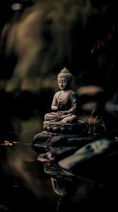 a buddha statue sitting on top of a rock