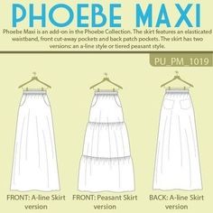 Phoebe Maxi is an add-on in the Phoebe Collection. It can be made as a maxi skirt on its own or combined with any of the Phoebe Tops to make a dress. The skirt features an elasticated waistband, front cut-away pockets and back patch pockets. The skirt has Sew Maxi Skirts, Maxi Skirt Sewing Pattern, Tired Skirt, Maxi Skirt Pattern, Retro Headband, Make A Dress, Peasant Skirt, Bib Pattern, Handmade Wardrobe