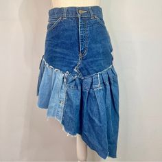 Nwt Urban Renewal By Urban Outfitters Re/Creative Remade Asymmetrical Denim Ruffle Skirt Open To Offers! Enjoy This Asymmetrical Denim Ruffle Skirt, Created From Unique Vintage And Deadstock Items From Around The World. This Is A 1/1 Piece As No Two Are Exactly Alike! Pair This With A Crop Top Or A Graphic Tee For The Perfect Fit!! Check My Store For Any Outfit Additions With Free Shipping On Bundles!! Nwt And Sold Out On The Urban Outfitters Website! Size: Small; Refer To Measurements Below Wai Denim Bottoms With Medium Wash And Asymmetrical Hem, Fitted Medium Wash Bottoms With Asymmetrical Hem, Asymmetrical Hem Denim Skirt In Medium Wash, Denim Blue Asymmetrical Skirt For Summer, Denim Blue Skirt With Asymmetrical Hem For Summer, Asymmetrical Medium Wash Bottoms For Summer, Asymmetrical Fitted Denim Skirt For Spring, Asymmetrical Denim Skirt In Denim Blue, Blue Denim Skirt With Asymmetrical Hem