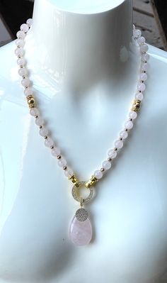 "Welcome to my original designs which are all handmade. I prefer to use gemstones and natural stones. Thank you for visiting my shop!  Up to sale Real Rose Quartz stone Pendant Necklace 21 inches long (necklace length-20 inches +1,5 inches pendant).Clasp and golden tone beads-18 K gold plated,decorated with Cubic Zirconia Crystal.Brand New with tags. Shipped with USPS First Class. Rose quartz may be used to balance emotional health, release emotional blockages, and balance other chakras,\" expla Collar Rosa, Jewellery Art, Real Rose, Love Energy, Rose Quartz Stone, Stone Pendant Necklace, Pure Love, Drop Necklace, Rhinestone Earrings