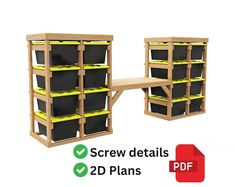 two shelves with black and yellow bins next to each other