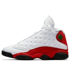 The Air Jordan 13 Retro 'Chicago' 2017 is a return to the OG design of the popular Air Jordan 13 silhouette. The sneaker features a white premium leather upper with team red suede on the base, heel, and midsole. The Jumpman branding is in black, while the outsole and heel feature a green hologram. This is a limited edition sneaker, so don't miss your chance to own a piece of history. (SNKR/High Top/Basketball/Shock-absorbing) Classic White Custom Sneakers For Light Sports, Sporty Jordan Shoes With Red Sole In Leather, White Jordan Shoes For Light Sports With Rubber Sole, White Basketball Shoes With Contrast Sole For Sports, Sporty Leather Jordan Shoes With Red Sole, White Jordan Shoes With Rubber Sole For Light Sports, White Jordan Shoes With Contrast Sole For Sports, White Basketball Shoes With Contrast Sole, White Sneakers With Boost Midsole For Sports