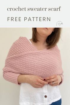 a woman wearing a crochet sweater with text overlay that reads, free pattern