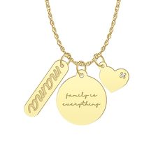 A perfect gift for a mother, this beautiful three-piece family charm necklace includes a mama engraved charm, a Family is everything engraved charm, and a heart charm with a diamond accent, all crafted in 10K yellow gold. These lovely charms hang from an adjustable 10K yellow gold rope chain that measures 16 to 18 inches long. | Three-Piece Family Charm Mama Necklace with Diamond Accent | 10K Yellow Gold | Size 18" | Helzberg Diamonds Mother's Day Charms For Mom, Mother's Day Charms Gift For Mom, Elegant Personalized Charms As A Gift For Mom, Mother's Day Gift For Mom Charms, Yellow Gold Charms Necklace For Mother's Day, Yellow Gold Charms Necklaces For Mother's Day, White Gold Charm Necklace For Mom, Pendant Charms For Anniversary And Mother's Day, Anniversary And Mother's Day Pendant Charms