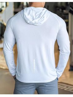 Long Sleeves Hooded Men’s Breathable Fitness T Shirt White Functional Hoodie For Light Sports, White Moisture-wicking Hoodie, White Moisture-wicking Functional Hoodie, Functional White Hoodie For Sports Season, White Functional Moisture-wicking Hoodie, Functional White Moisture-wicking Hoodie, White Moisture-wicking Hoodie For Workout, White Hoodie For Sports Season, White Long Sleeve Sports Activewear