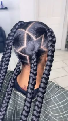 Jayda Wayda Braids With Heart, Jadawada Braids, Hairstyles With Braiding Hair Weave, Star Part Braids, Two Braids With Weave In The Back, Double Braids Hairstyles, 4 Jumbo Braids, Four Braids Hairstyles, Weave Braids Hairstyles