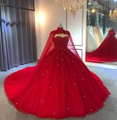 Wedding Dress With Cape, Tulle Ball Gown Wedding Dress, Red Ball Gowns, Crystal Wedding Dresses, Wedding Dress Black, Red Ball Gown, Dress With Cape, Red Quinceanera Dresses, Cape Wedding Dress