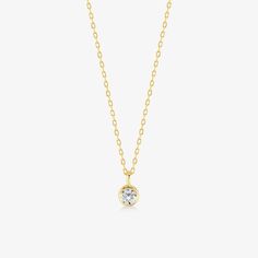 DETAILS * We never use gold plates or gold-filled metals in any of our jewelry. All the metals we use are lead-free, nickel-free, and hypoallergenic. * 0.06 ct Solitaire Pendant Width: 3 mm * 0.06 ct Solitaire Pendant Height: 3 mm * Chain Length: 18 inches * Chain Type: Dainty Cable * Clasp: Spring Ring * Ready to Ship in 1-3 Business Days * 100% US sourced * 6 Months Warranty * Free returns within 30 days from the order date DIAMOND DETAILS * Gem Stone: Genuine Diamond * Diamond-Cut: Round * Diamond Carat Weight: 0.03CT - 0.06 CT - 0.15 CT * Diamond Color-Clarity: H Color, SI Clarity * Setting Type: Bezel Setting * 100% US sourced HANDMADE * Handcrafted by our trusted craftsmen with care. * 100% Ethically Sourced. * All processing of the packaging is done by hand.  * The Preparation packa Gold Solitaire Necklace With Diamond Cut Round Stone, Dainty Gold Birthstone Necklace With Bezel Setting, Gold Solitaire Necklace With Round Stone For Anniversary, Gold Solitaire Necklace With Round Diamond, Gold Birthstone Necklace With Bezel Setting Round Pendant, Everyday Gold Diamond Necklace With Bezel Setting, Gold Diamond Necklace With Bezel Setting For Everyday, Everyday Gold Birthstone Necklace With Bezel Setting, Gold Dainty Birthstone Necklace With Round Stone