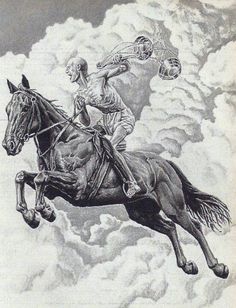 a drawing of a man riding on the back of a horse in front of clouds