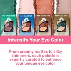 Create beautifully enhanced, brighter looking eyes with the Almay Intense i-color Shadow Palette™, a richly pigmented five-shadow assortment expertly curated by eye color: brown eyes, blue eyes, green eyes, hazel eyes. Each of our four compacts comes with an antioxidant vitamin E-enriched primer base that smooths lids, extends wear of eye shadows, and protects against environmental stressors. Also included are four creamy eye shadows in a variety of finishes that last without creasing, smudging, Drugstore Eyeshadow Palette, Hazel Brown Eyes, Eyes Hazel, Hazel Green Eyes, Makeup For Hazel Eyes, Organic Bath Products, Purple Eyeshadow, Eyes Blue, Sensitive Eyes