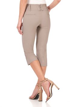 You're quite the secret helper for your friends and colleagues, always trying to cover up for them. These breezy capris do the same for you with their wide waistband that’s carefully hidden inside the elastic. They also have cute back lacing details that add a bit of flair. With their super slimming effect and original styling, they can surely be your go-to capris on all days of the week. Silver eyelets with self-fabric lacing Front waist with extension and tonal button details Real front pocket Versatile Bottoms With 4-way Stretch And Short Leg, Beige Stretch Bottoms With Pull-on Style, Versatile Fitted Cropped Leg Bottoms, Versatile Fitted Cropped Bottoms, Versatile Capri Length Bottoms For Workwear, Elegant Stretch Capris For Summer, Elegant Stretch Summer Capris, Stretch Capri Length Bottoms For Work, Stretch Capri Bottoms For Work