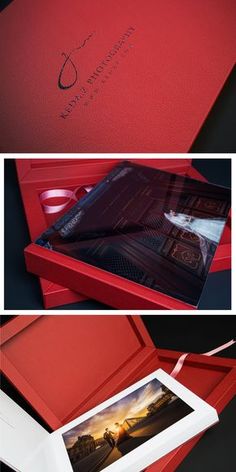 an open red box with pictures inside it