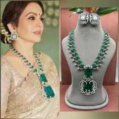 Nita Ambani inspired Gorgeous fine quality luxurious Emerald CZ necklace set in White gold plating and matching Earrings  *Comes with Statement matching earrings  *AAA quality cubic zirconia used. *Highest quality and craftsmanship *Necklace Fitting is adjustable *Earrings Closure: Pushback Necklace Closure: Hook Hi! Total length of the necklace 22-24 inches, adjustable length Upper stone length 4 inches Lower stone length 4.5 inches approx Luxury Multi-stone Necklace For Wedding, Cubic Zirconia Emerald Necklace For Wedding, Elegant Emerald Kundan Necklace With Stone Work, Elegant Kundan Necklace With Emerald Stone Work, Elegant Silver Emerald Necklace With Stone Work, Elegant Emerald Jewelry With Stone Work, Elegant Emerald Necklace With Stone Work, Green Jewelry Sets With Diamond Accents For Party, Elegant Emerald Necklace With Stone Work For Wedding