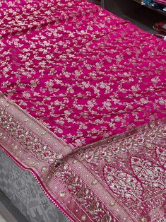 Rani Pink Banarasi Hand Embroidery Saree - Etsy Silk Traditional Wear With Zari Weaving For Reception, Semi-stitched Katan Silk Traditional Wear With Intricate Embroidery, Brocade Embroidered Dupatta Fabric For Reception, Elegant Embroidered Banarasi Silk Unstitched Suit, Brocade Saree With Intricate Embroidery For Reception, Semi-stitched Brocade Saree For Reception, Brocade Unstitched Suit With Dupatta For Wedding, Traditional Brocade Saree For Reception, Festive Brocade Embroidered Fabric For Reception