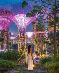 a woman standing in front of the gardens by night with lights on trees and plants all around her