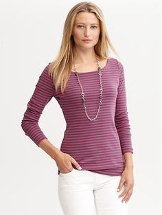 Striped timeless tee | Banana Republic Business Casual Clothes, Pewter Shoes, Pink Tee, Navy Blazer, Wear To Work, Casual Clothes, Weekend Wear, Business Casual Outfits, Accessories For Women