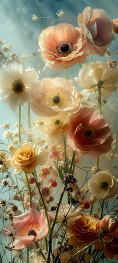 an arrangement of flowers in a vase on a blue background with sunlight coming through the petals