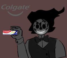 a cartoon character holding up a toothbrush with the word colgate written on it