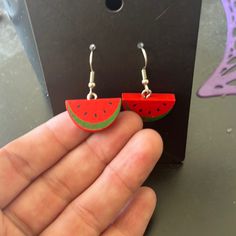 Mini Wooden Watermelon Earrings Super Cute Ooak Never Worn! Handmade Fun Red Earrings, Handmade Watermelon Colored Dangle Jewelry, Handmade Watermelon Color Dangle Jewelry, Cute Red Earrings With Fruit Design, Handmade Red Casual Earrings, Handmade Casual Red Earrings, Red Fruit Design Dangle Jewelry, Red Fruit Design Drop Earrings, Fun Red Adjustable Earrings