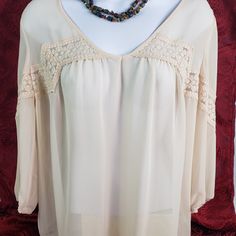 Nwt Lauren Conrad Peasant Top Size Small. Lace Cutouts On The Arms And Chest. Very Sheer. Desert Palm. Mild High Low At Bottom Of The Shirt. Flows With Elastic On End Of Sleeves. 2” Longer Back Of The Shirt Than Front. 100% Polyester. Hand Wash Cold. Approximate Measurements: Chest: 19” Shoulders: 15” Sleeve Length: 18” Length: 23” Front 25” Back Cream Bohemian Peasant Top For Vacation, Flowy Bohemian Cream Blouse, Cream Bohemian Peasant Top, Cream Bohemian Peasant Top For Fall, Bohemian Peasant Lace Top, Beige V-neck Peasant Top Bohemian Style, Beige V-neck Bohemian Peasant Top, Beige Bohemian Blouse With Crochet Trim, Bohemian Beige Blouse With Crochet Trim