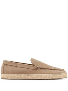 taupe brown nubuck leather tonal stitching whipstitch detailing almond toe slip-on style branded leather insole flat rubber sole Beige Suede Slip-ons With Suede Lining, Slip-on Suede Espadrilles With Stitched Sole, Suede Slip-on Espadrilles With Stitched Sole, Suede Espadrilles With Textured Sole, Slip-on Suede Espadrilles With Woven Sole, Suede Espadrilles With Woven Sole And Slip-on Fit, Suede Slip-on Espadrilles With Woven Sole, Brown Slip-on Espadrilles With Woven Sole, Suede Slip-ons With Woven Sole