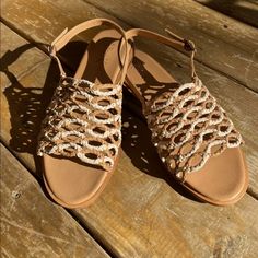 Brand New! Does Not Come With Box. Beach T-strap Sandals With Woven Leather And Round Toe, Beige Woven Leather Sandals With Round Toe, Beige Woven Leather Sandals With Flat Heel, Natural Woven Leather Sandals With Round Toe, Beige Closed Toe Sandals With Woven Leather, Beige Closed Toe T-strap Sandals For Beach, Beige Closed Toe Woven Leather Sandals, Summer Vacation Woven Leather Slingback Sandals, Beach T-strap Sandals In Woven Leather