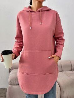 Women's Drawstring Drop Shoulder Hoodie Pink Casual  Long Sleeve Knitted Fabric Plain Pullovers Non-Stretch  Women Clothing, size features are:Bust: ,Length: ,Sleeve Length: Drop Shoulder Hoodie, Fleece Tights, Grey Colour Suit, Rose Bonbon, Drop Shoulder Sweaters, Pink Hoodie, Sport Pants, Long Sleeve Knit, Drop Shoulder