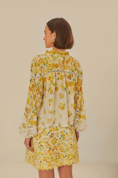 Off-White Azaleia Blouse Yellow Feminine Blouse, Yellow Feminine Blouse For Daywear, Feminine Yellow Blouse For Daywear, Yellow Floral Embroidery Blouse For Vacation, Summer Blouse With Elastic Neckline For Day Out, Spring Beach Breezy Blouse, Feminine Yellow Floral Print Tops, Bohemian Tops With Elastic Neckline For Spring, Breezy Spring Vacation Blouse